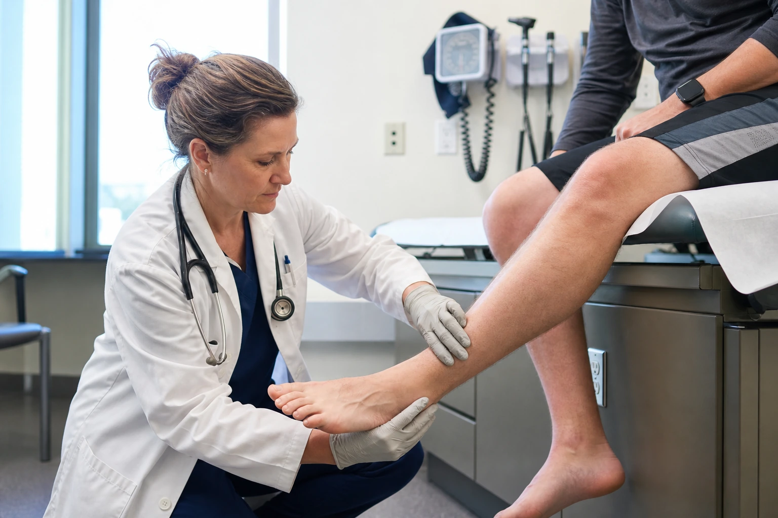 Doctor examining a patient's lower leg and checking circulation during an exam in a clinic room