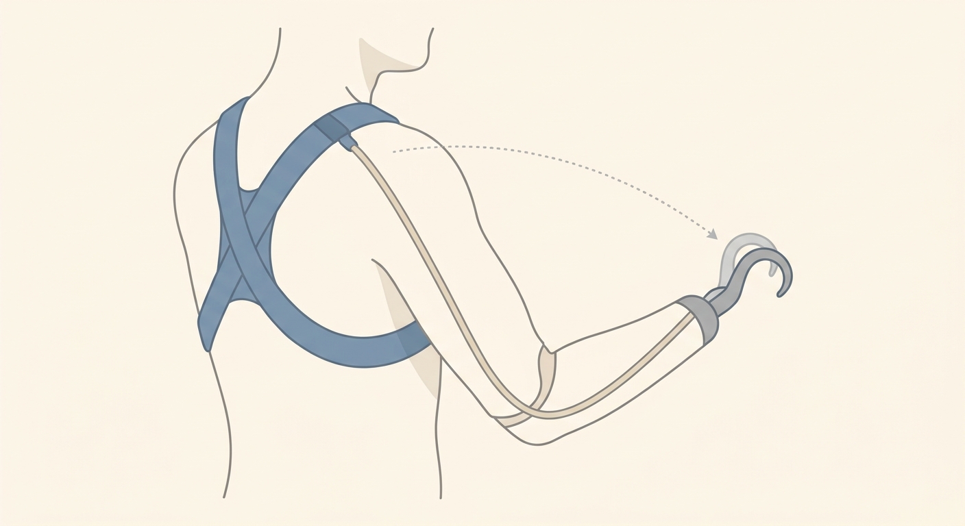 Illustration of a body-powered prosthesis harness and cable system running from the shoulders to a hook