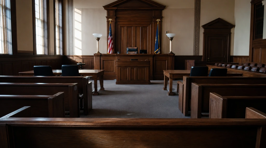 Empty courtroom interior with a wooden judges bench, jury box, counsel tables, and gallery benches