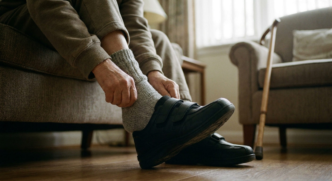 Person at home easing on a wide supportive orthopedic shoe over a thick sock during recovery