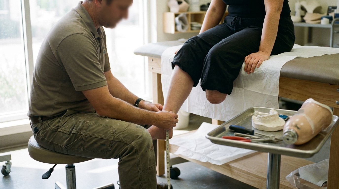 Prosthetist measuring a seated person's healed lower-leg residual limb during a fitting appointment