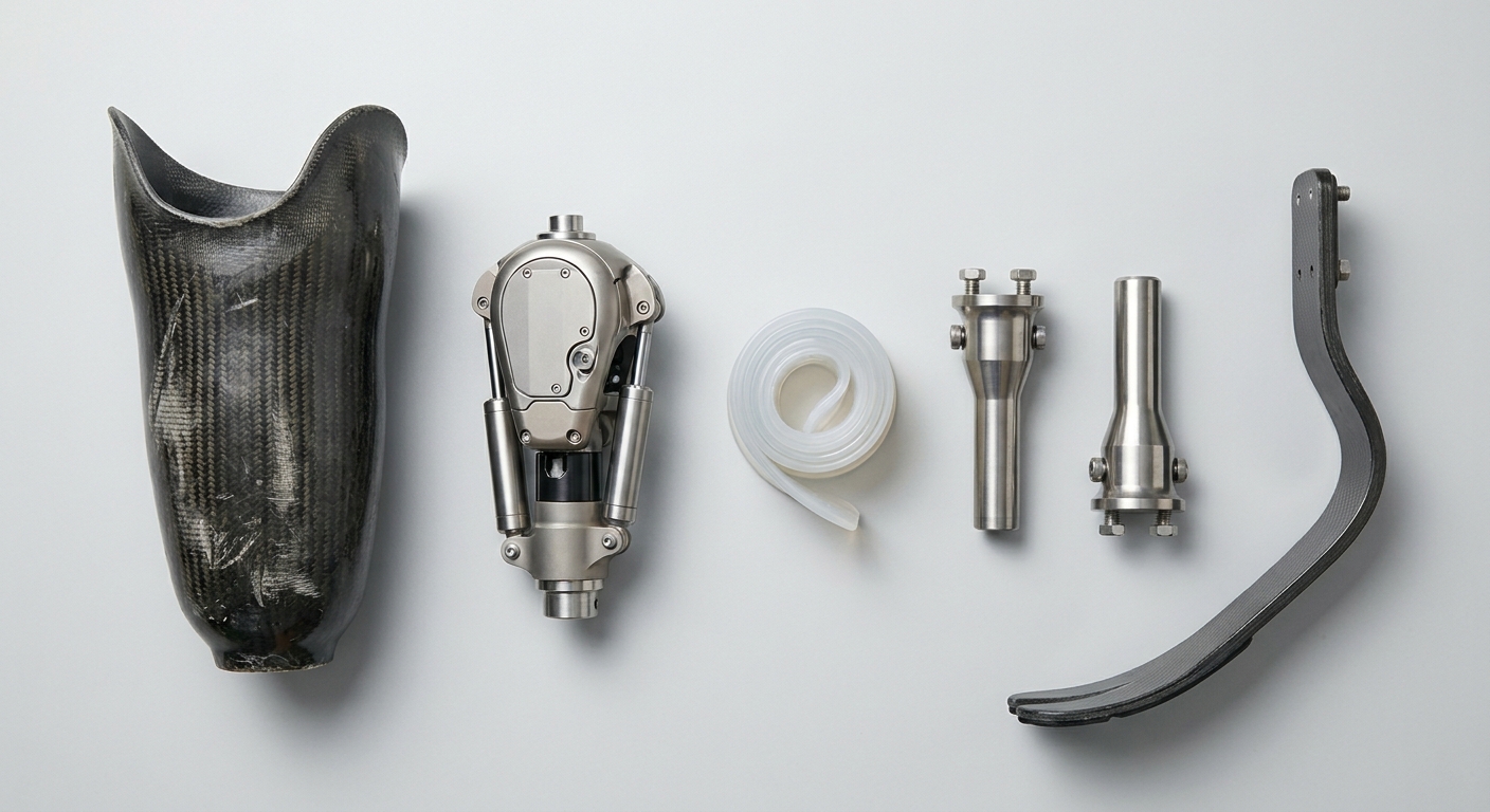 Carbon fiber prosthetic leg components laid out showing socket and foot
