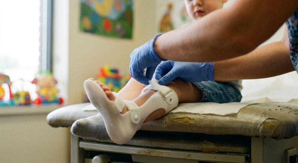 Pediatric orthotist fitting a white ankle-foot brace onto a young child's lower leg in a clinic