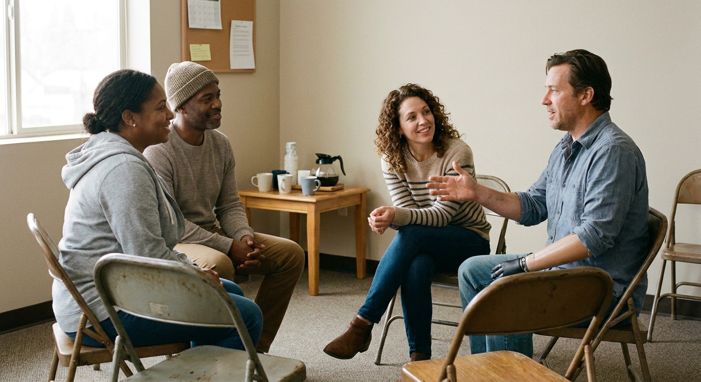 Four adults in a support group circle, one with a prosthetic hand speaking while others listen