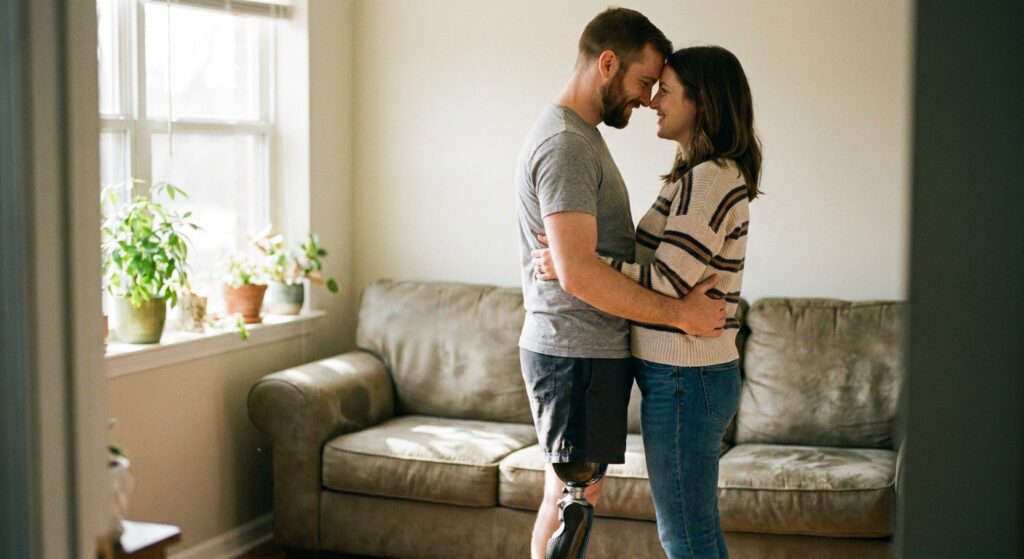 Amputee couple embracing closely at home, man wearing a below-knee prosthetic leg