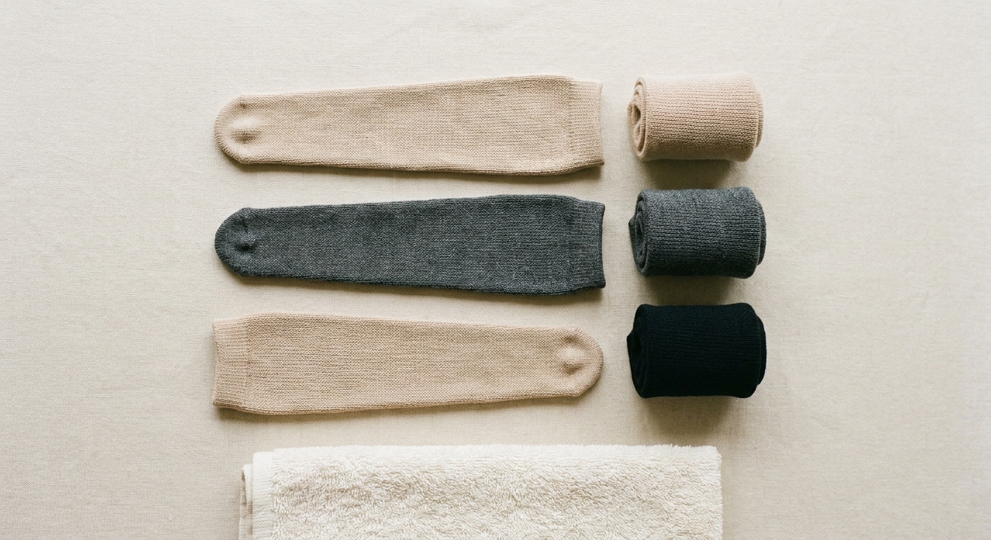 Several prosthetic shrinker socks in beige, gray, and black laid out by size