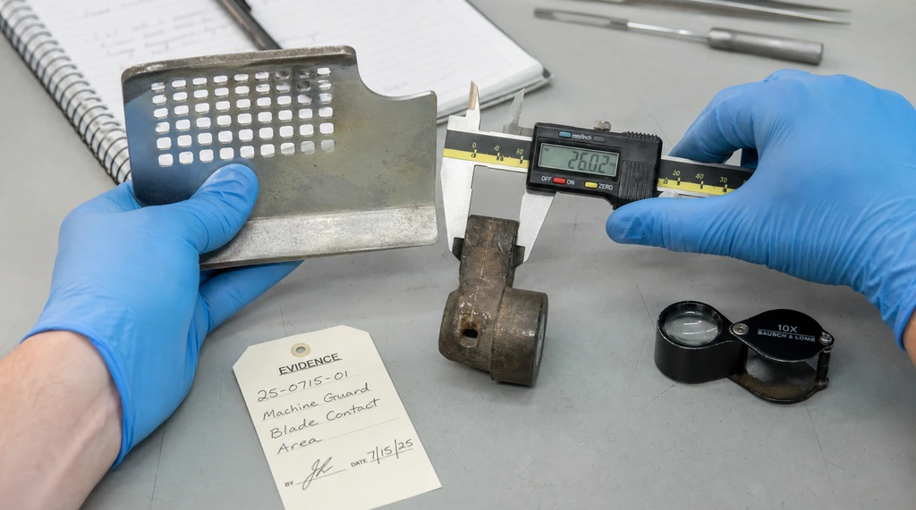 Gloved forensic engineer measuring a worn machine guard with calipers next to an evidence tag on an inspection bench