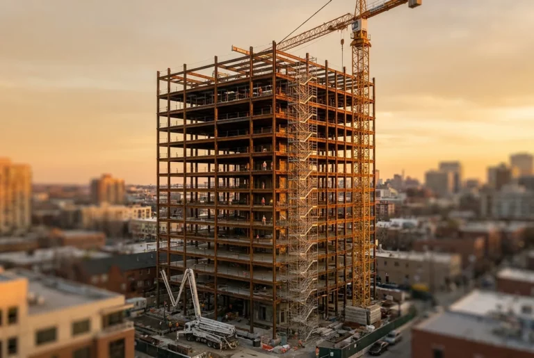Active high-rise construction site at golden hour with a tower crane and exposed steel frame, representing construction accident amputation cases across all states