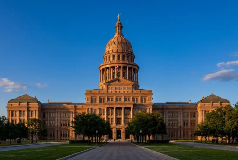The Texas State Capitol pink-red sunset granite building in Austin at golden hour, representing Texas amputation injury cases including the non-subscriber regime