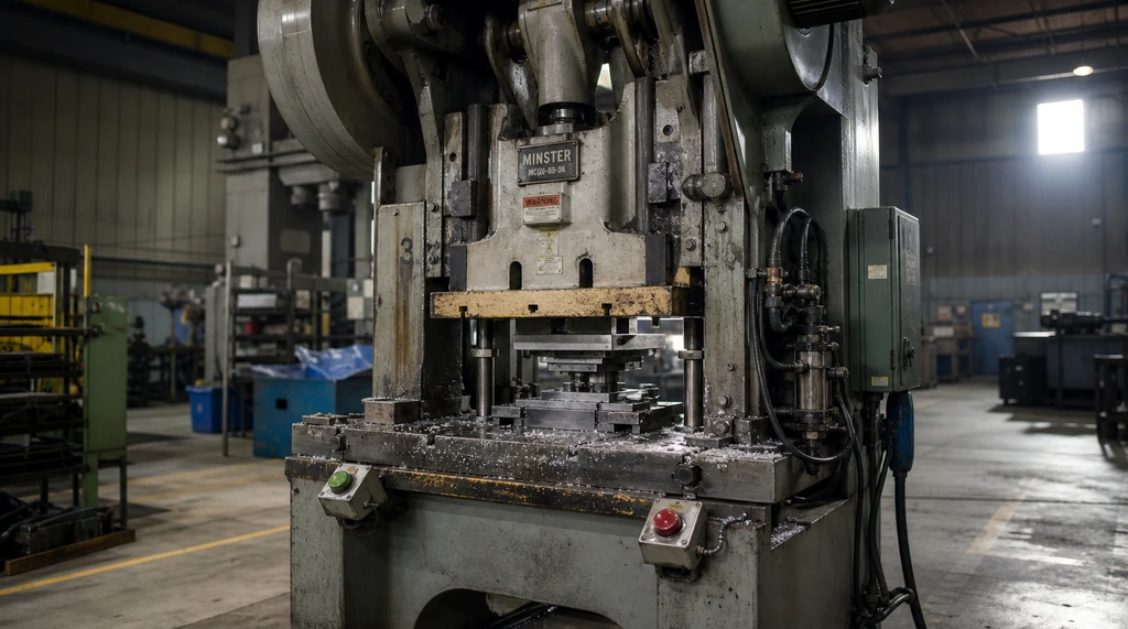 Heavy industrial metal-stamping power press with its die area and controls on a working factory floor