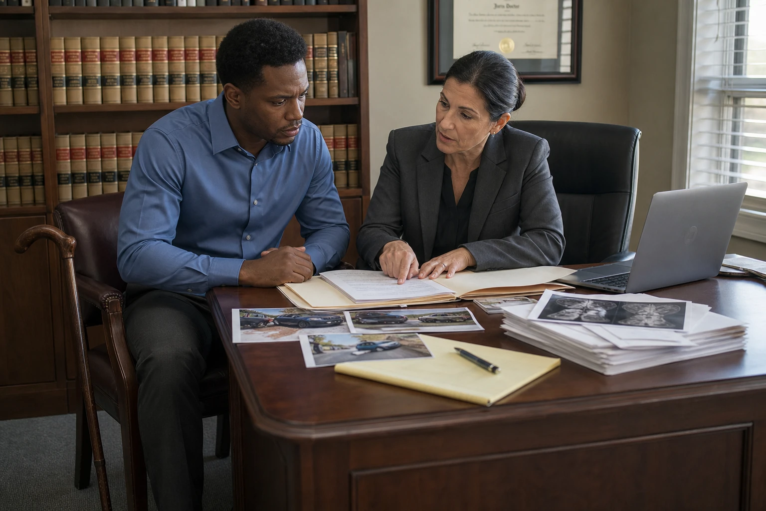 Personal injury attorney pointing to accident records as a man with a walking cane reviews the documents at a law office desk