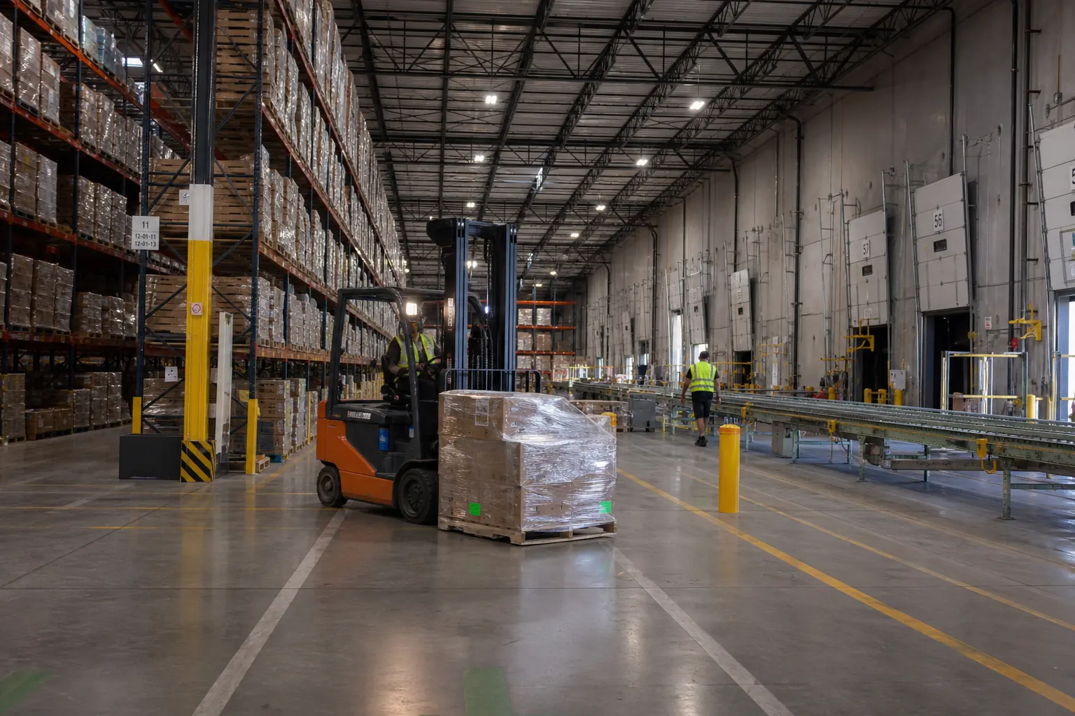 Interior of a large Inland Empire distribution warehouse with tall storage racks, a forklift moving pallets, and a conveyor line running between loading bays