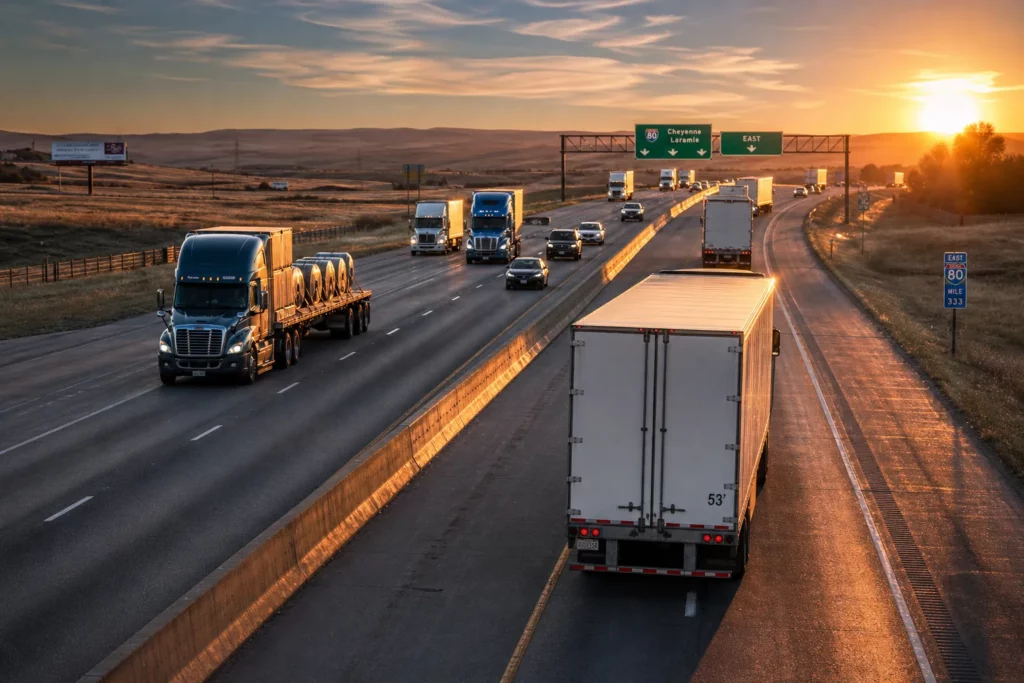 Multiple Class 8 semi-trucks on an interstate freeway at golden hour representing commercial trucking on the federal highway system