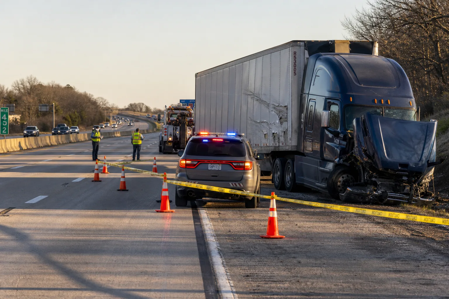 State trooper and FMCSA crash investigators documenting a tractor-trailer crash scene on an interstate freeway