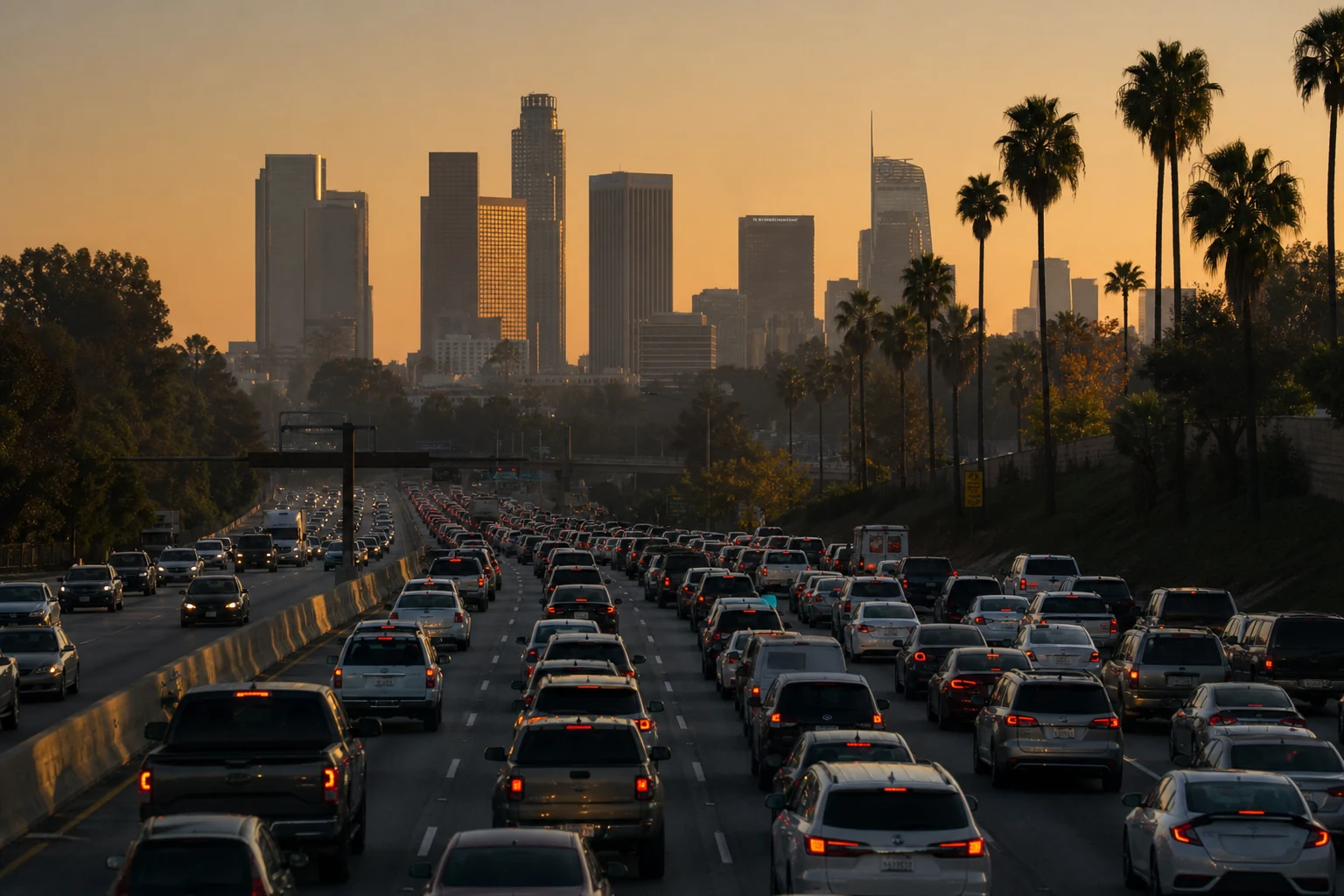 Heavy traffic on a Los Angeles freeway with palm trees and the downtown skyline at dusk