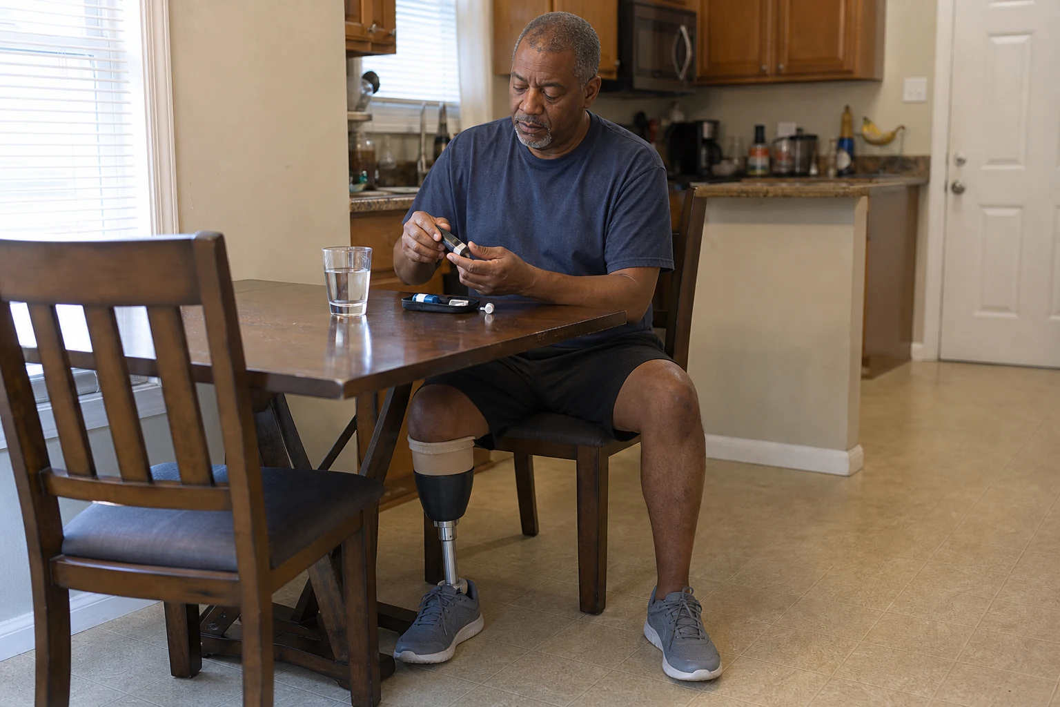 Man with a below-knee prosthetic leg checking his blood sugar at home