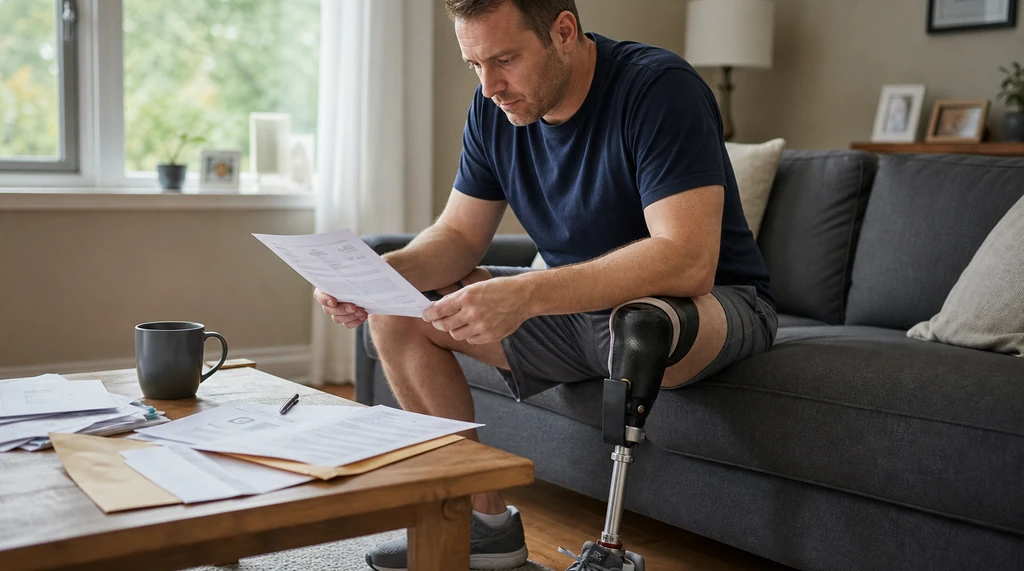 Man with an above-knee microprocessor-knee prosthesis seated in shorts reviewing an insurance claim letter at home