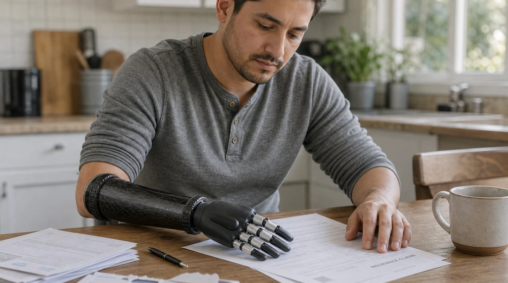 Man with a below-elbow myoelectric arm prosthesis reviewing an insurance claim letter at his kitchen table