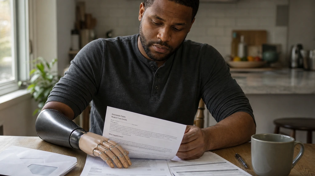 Black man with a below-elbow myoelectric prosthetic hand reviewing an insurance claim letter at his kitchen table