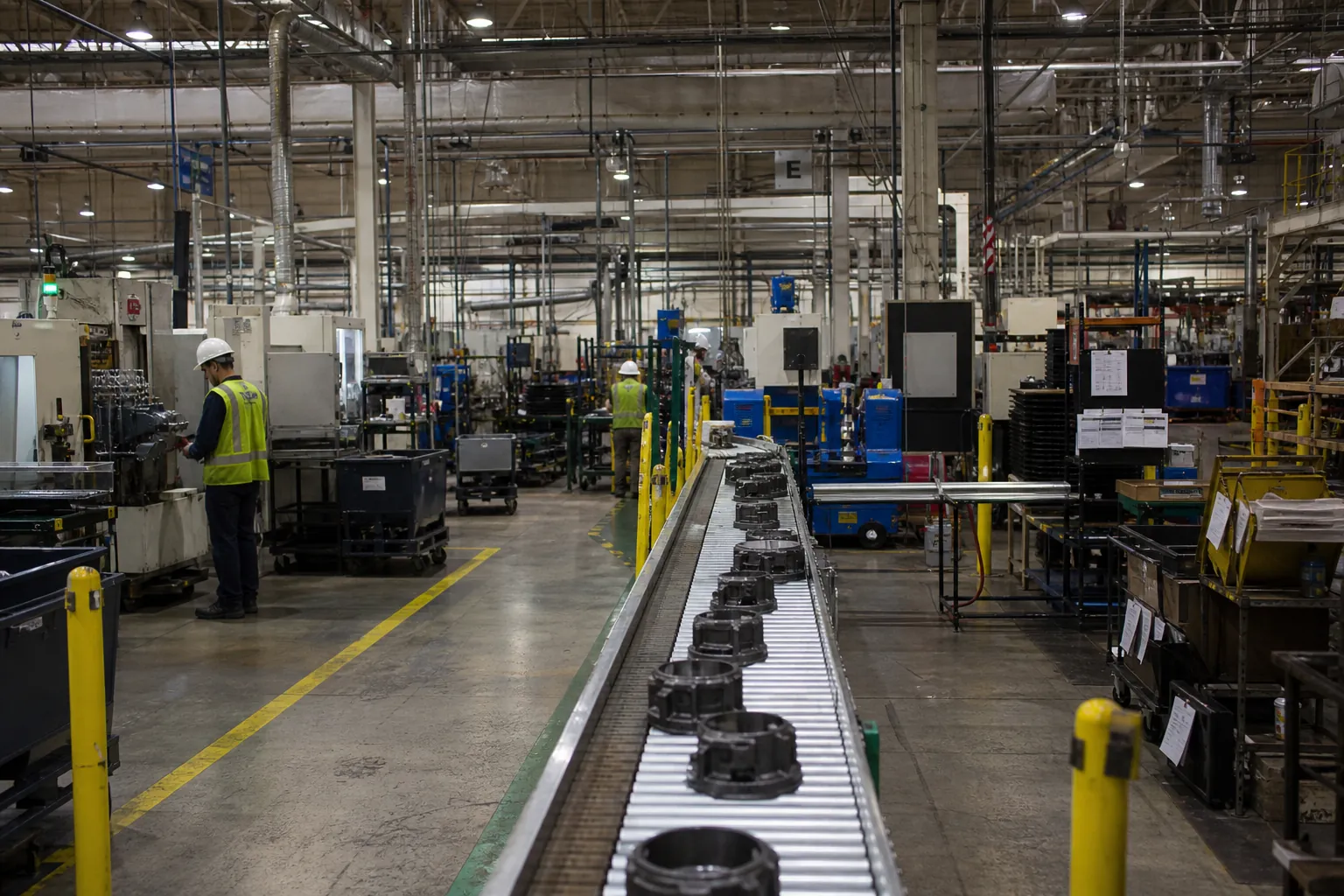 Wide view of a manufacturing plant floor with production machinery, a roller conveyor, and workers in hi-vis at a distance