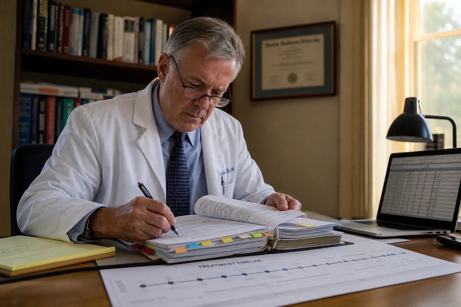 Medical expert reviewing a thick stack of hospital records and a timeline of treatment at a desk
