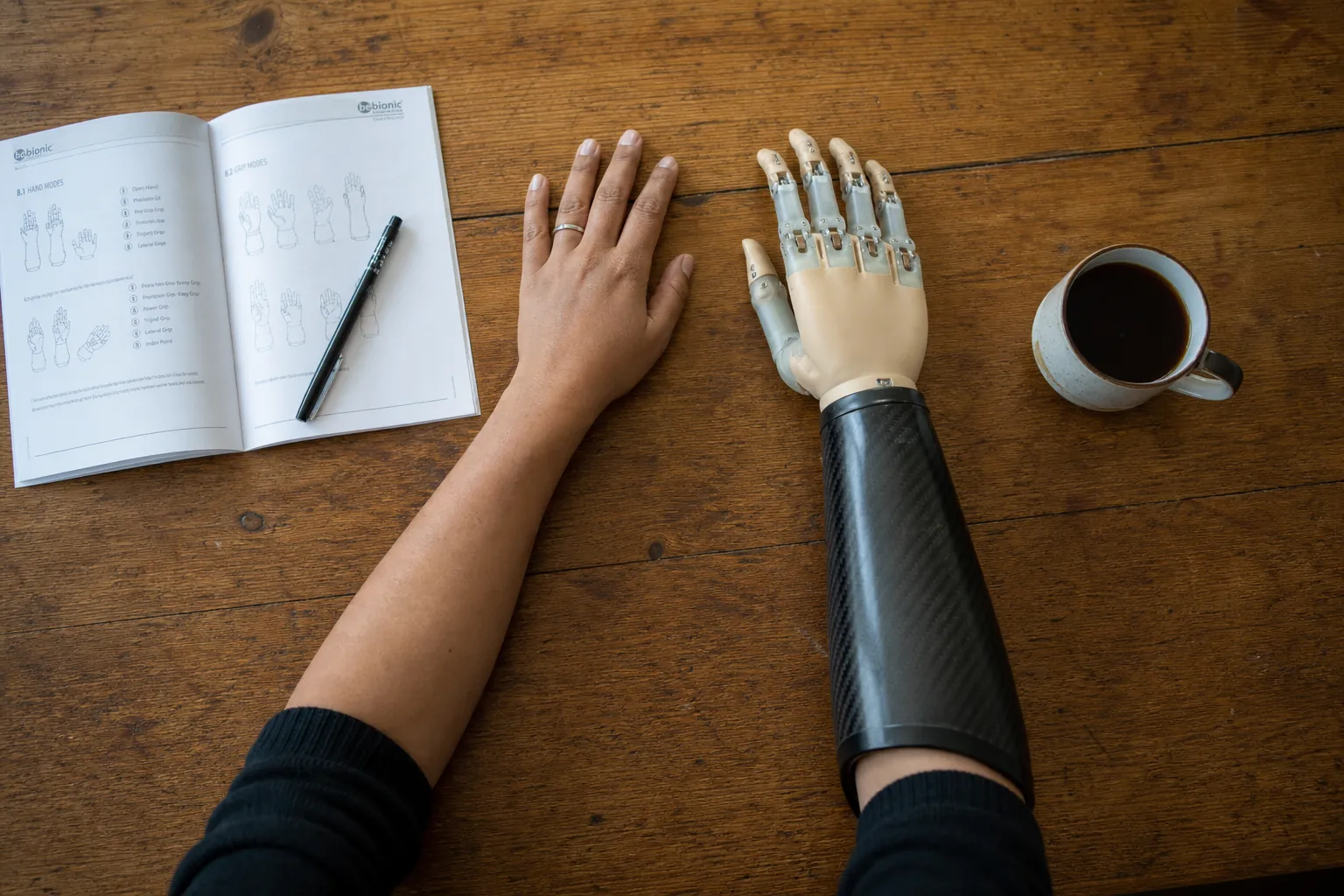 Overhead view of a person's natural hand and a below-elbow myoelectric prosthetic hand resting on a wooden table next to a product manual