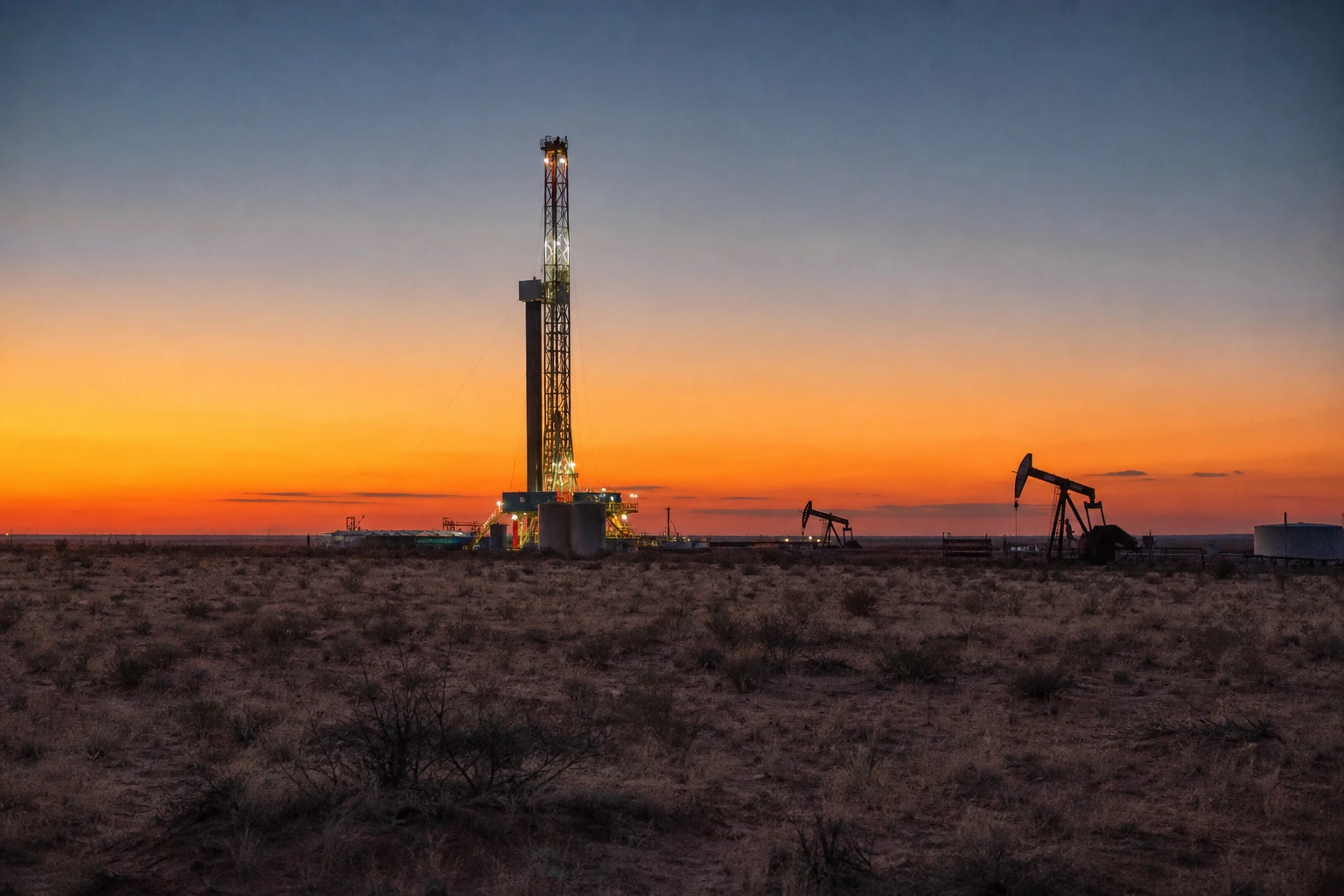 Oil and gas drilling rig in the New Mexico Permian Basin desert at dusk