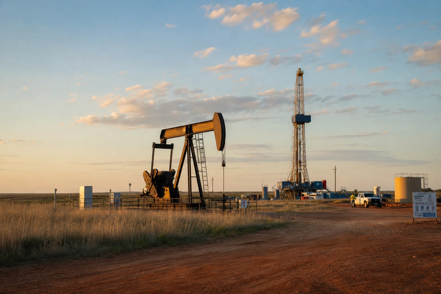 Oklahoma oil drilling rig and pump jack under a wide sky at an energy production site