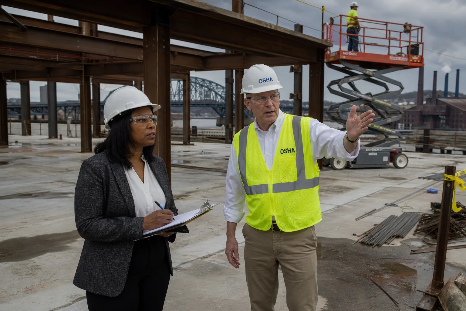Pittsburgh construction site investigation with attorney and OSHA inspector examining a scissor lift