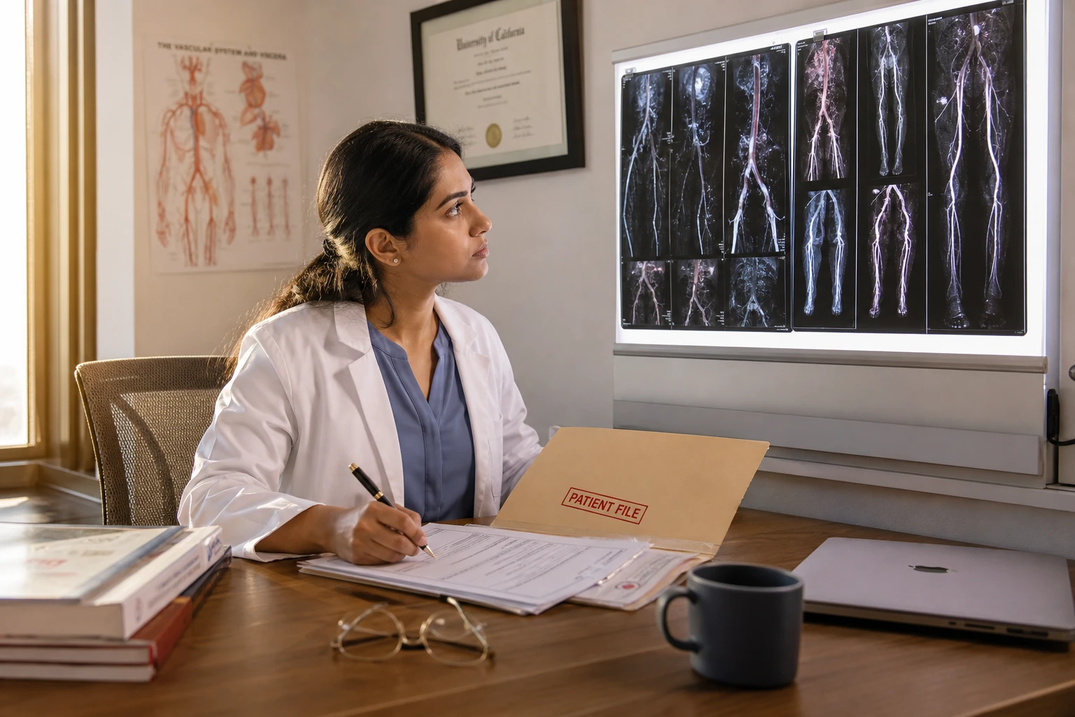 Physician reviewing peripheral vascular imaging and patient records for a Pennsylvania MCARE Act medical malpractice case