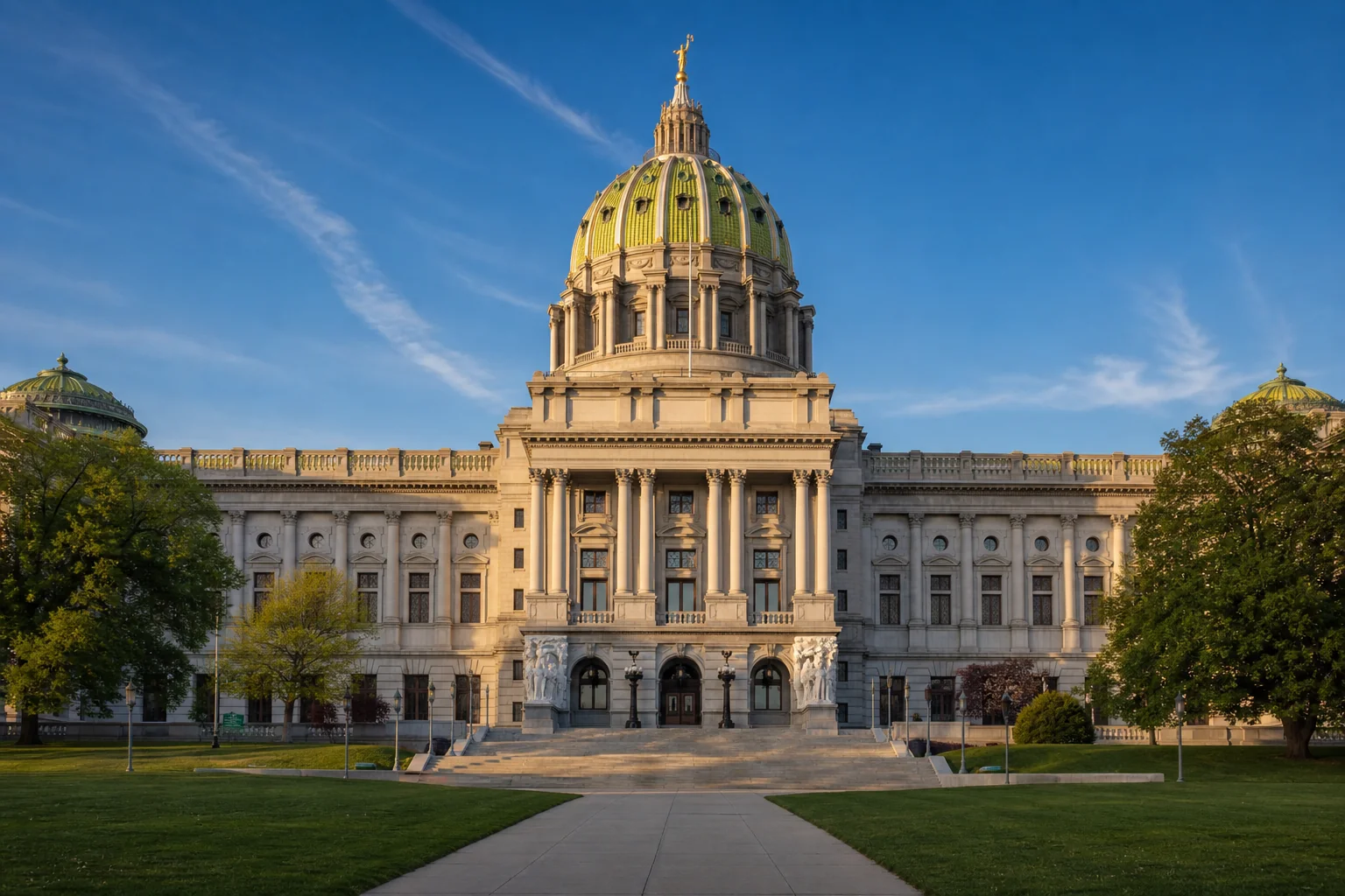 Pennsylvania State Capitol building in Harrisburg at golden hour with the green dome and Corinthian portico