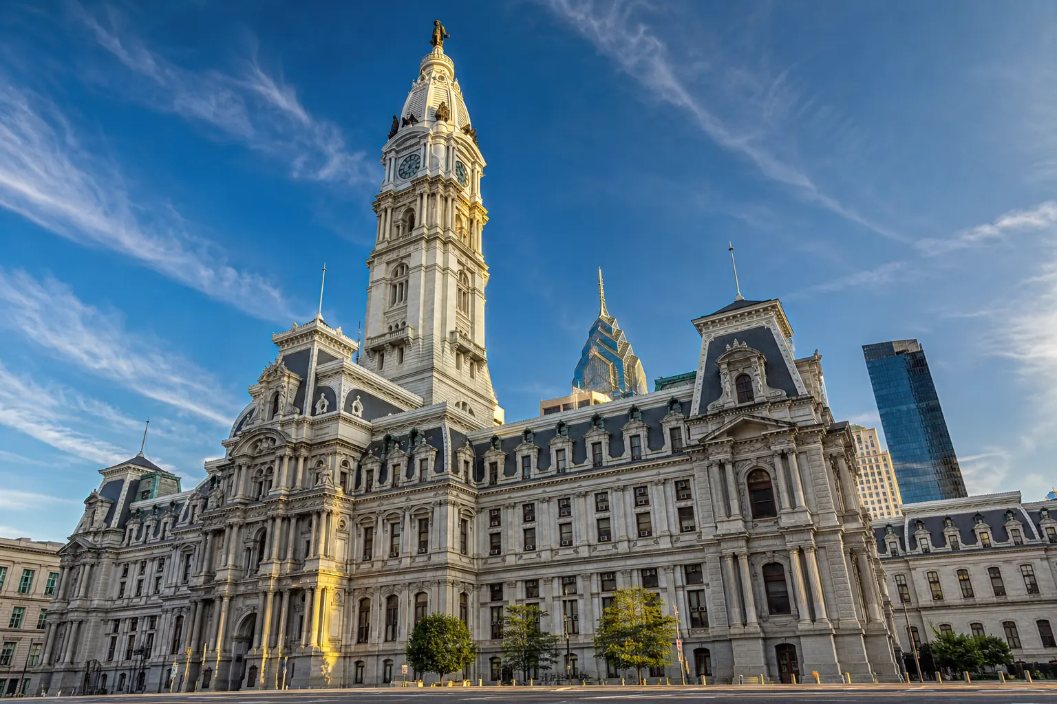 Philadelphia City Hall on Broad Street with the central tower and William Penn statue in golden afternoon light
