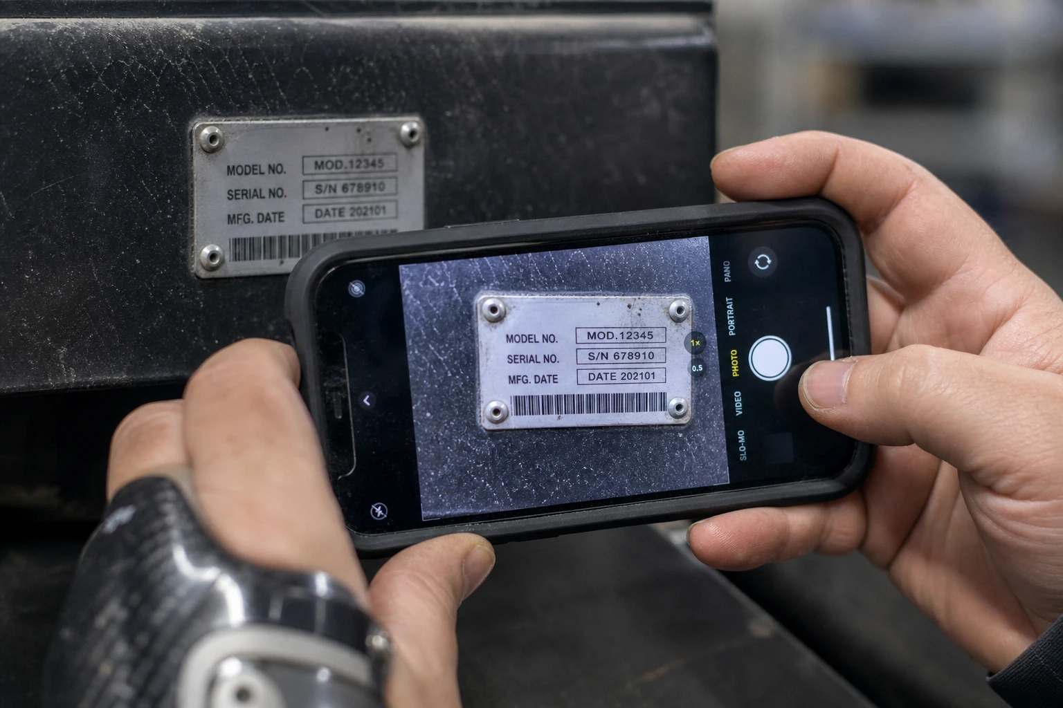 Close-up of hands photographing the data plate and model number on a piece of power equipment with a smartphone