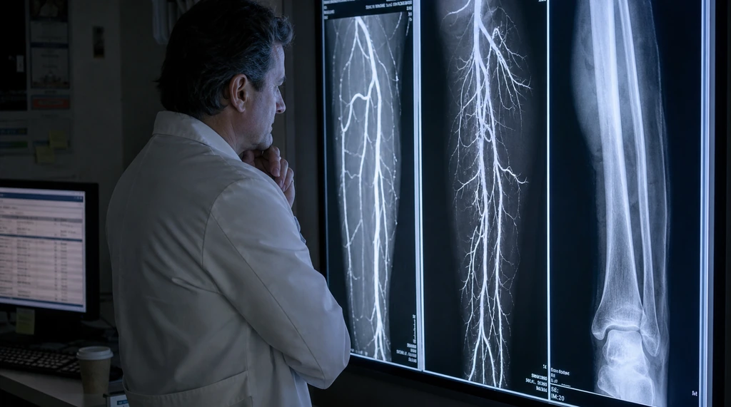 Physician studying lower-leg angiogram and X-ray imaging on a backlit radiology display in a dim reading room