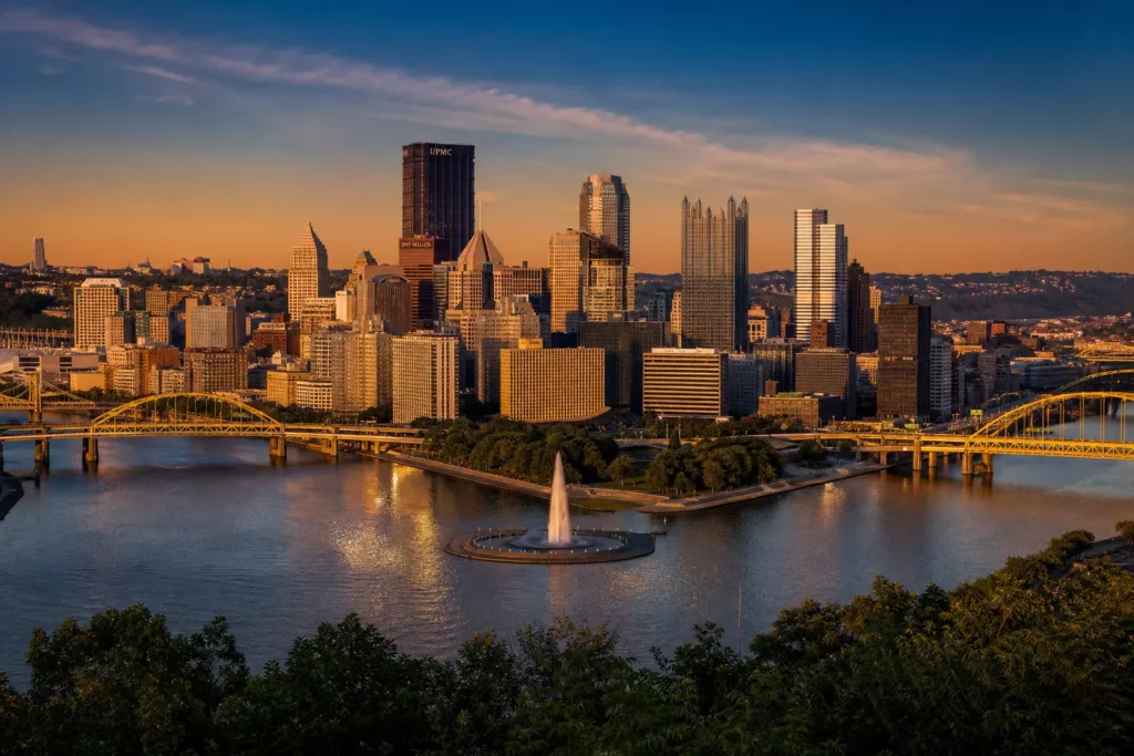 Pittsburgh Golden Triangle skyline viewed from Mt Washington at golden hour with the Three Sisters bridges and Point State Park fountain