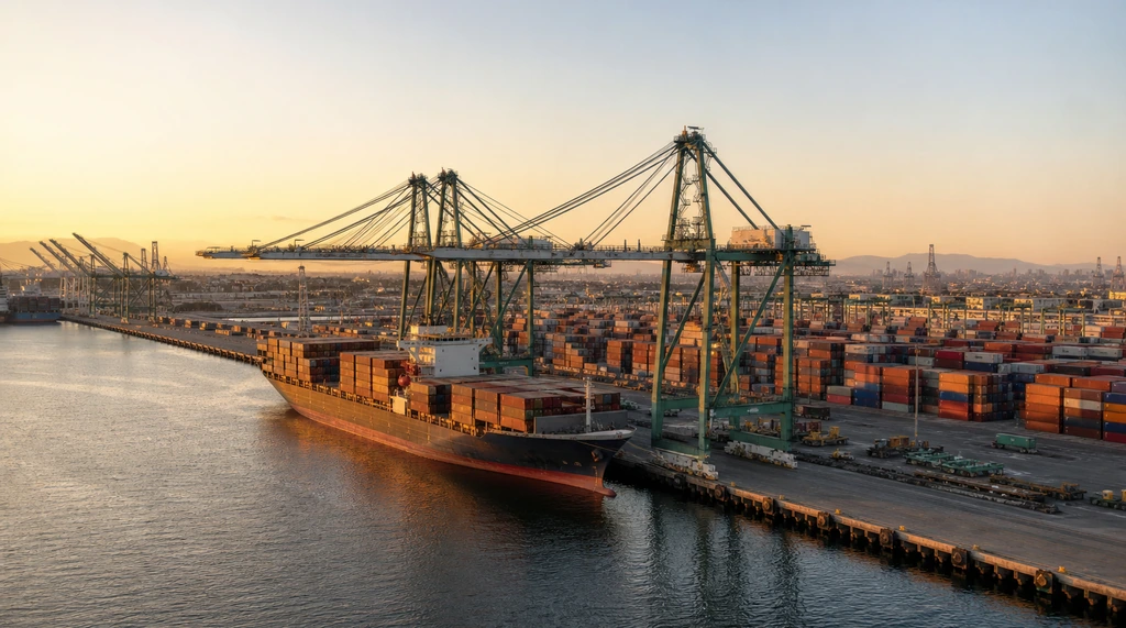 Port of Los Angeles container terminal with gantry cranes and a docked container ship at golden hour
