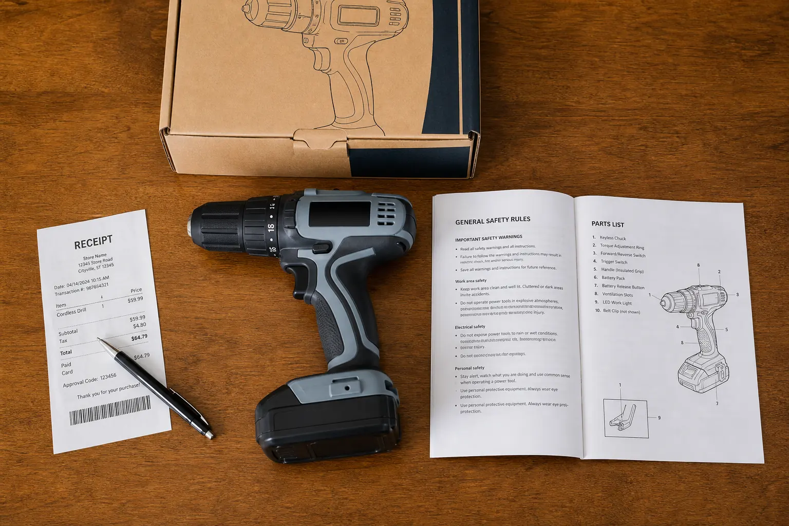 Overhead view of a power tool with its owner's manual, product box, and purchase receipt laid out on a table