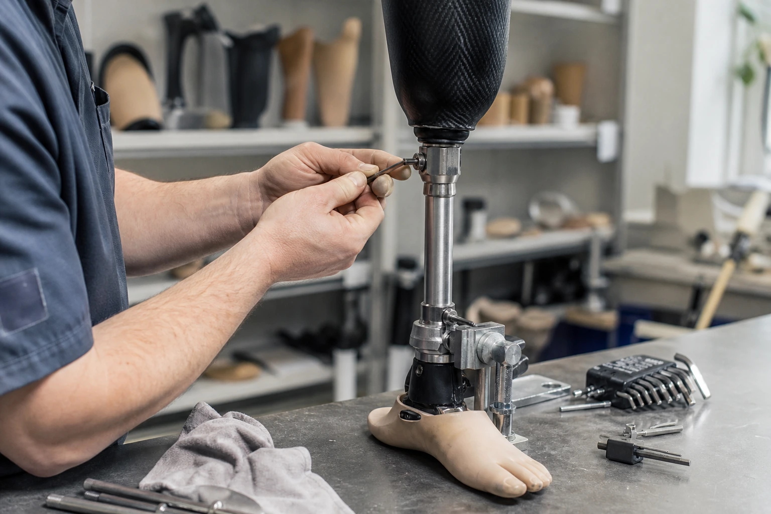 Prosthetist adjusting a below-knee prosthetic leg on a clinic workbench