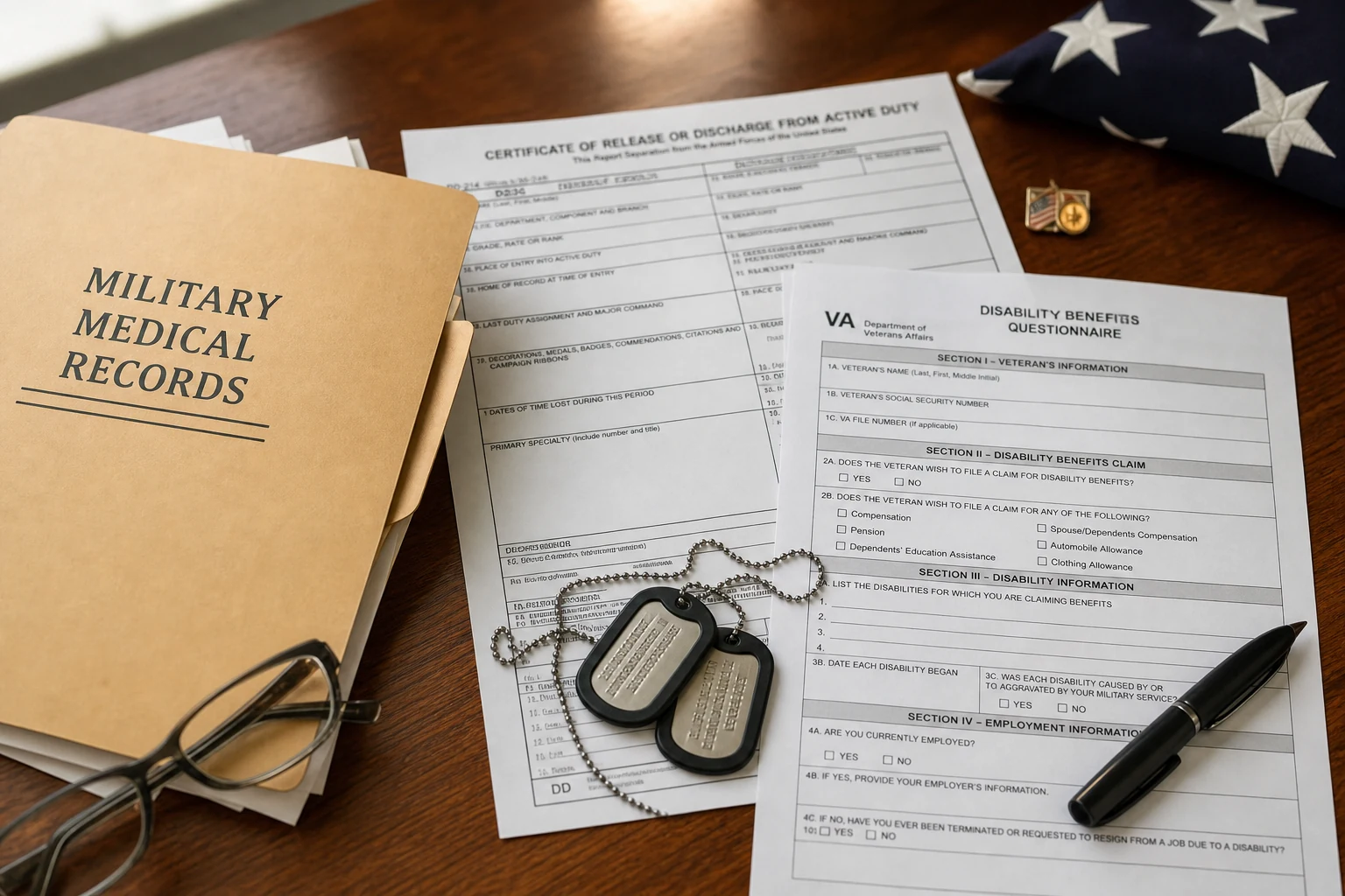 Military discharge papers, a service medical records folder, dog tags, and a VA disability claim form arranged on a desk