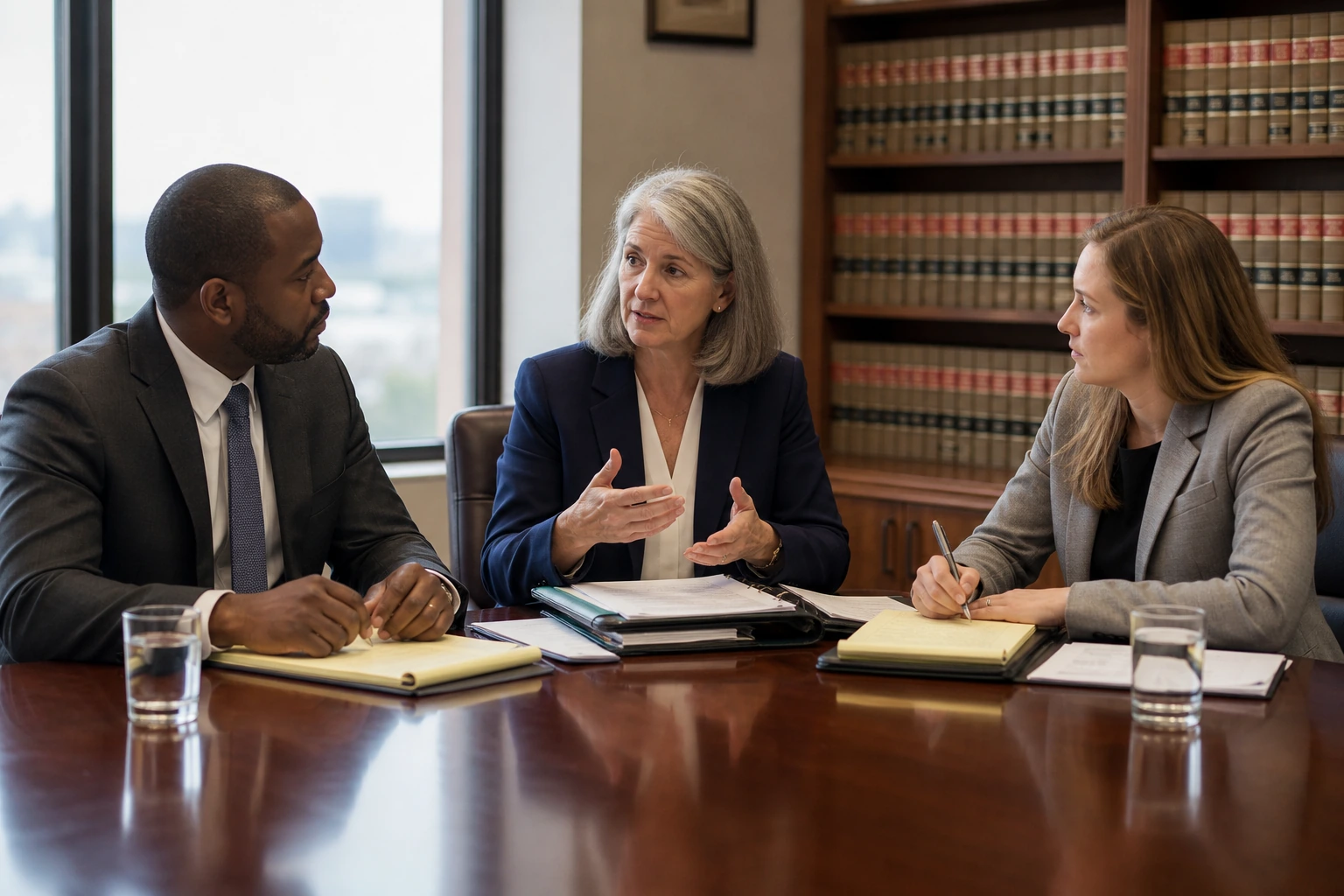 Two attorneys and a mediator seated around a conference table negotiating a settlement