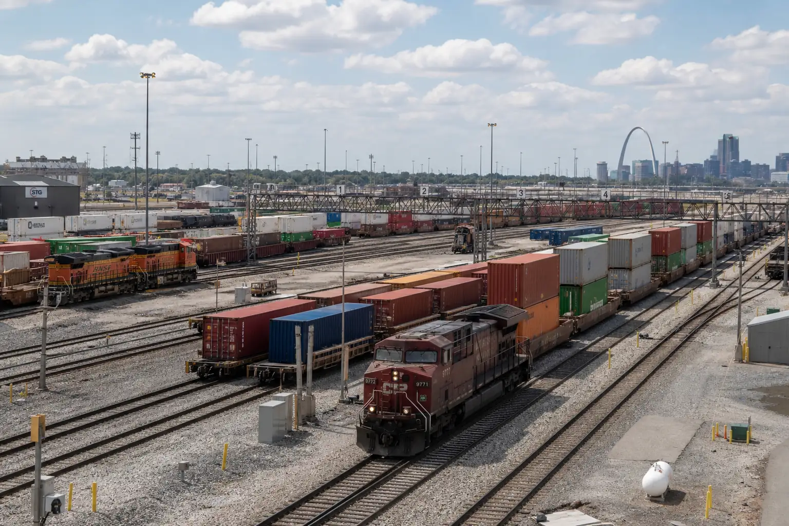 Freight rail yard in St. Louis with rows of stacked intermodal containers, locomotives, and tracks under a wide sky
