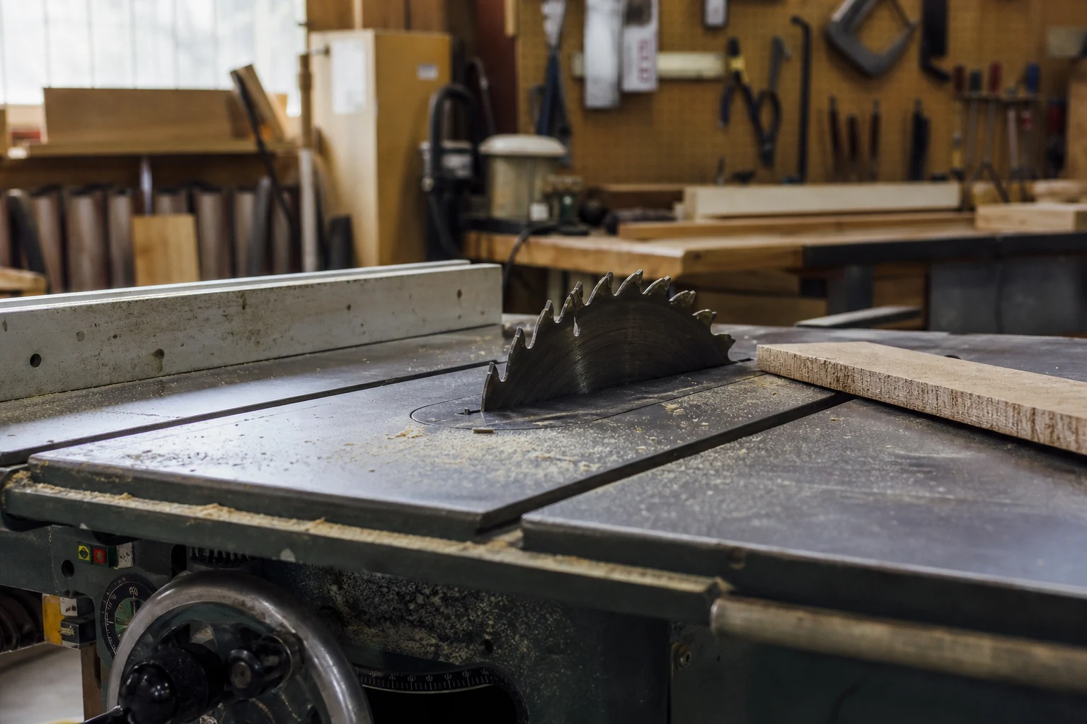 Close-up of a table saw with an exposed circular blade and no blade guard on a workshop bench
