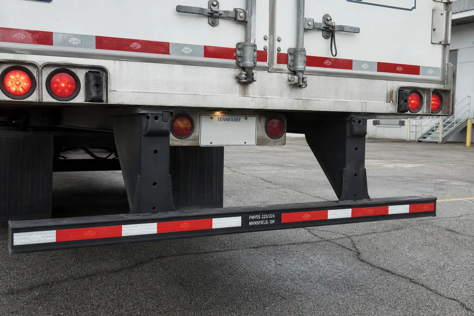 Rear underride guard on a 53-foot dry van trailer required under FMVSS 223 and 224 since 1998
