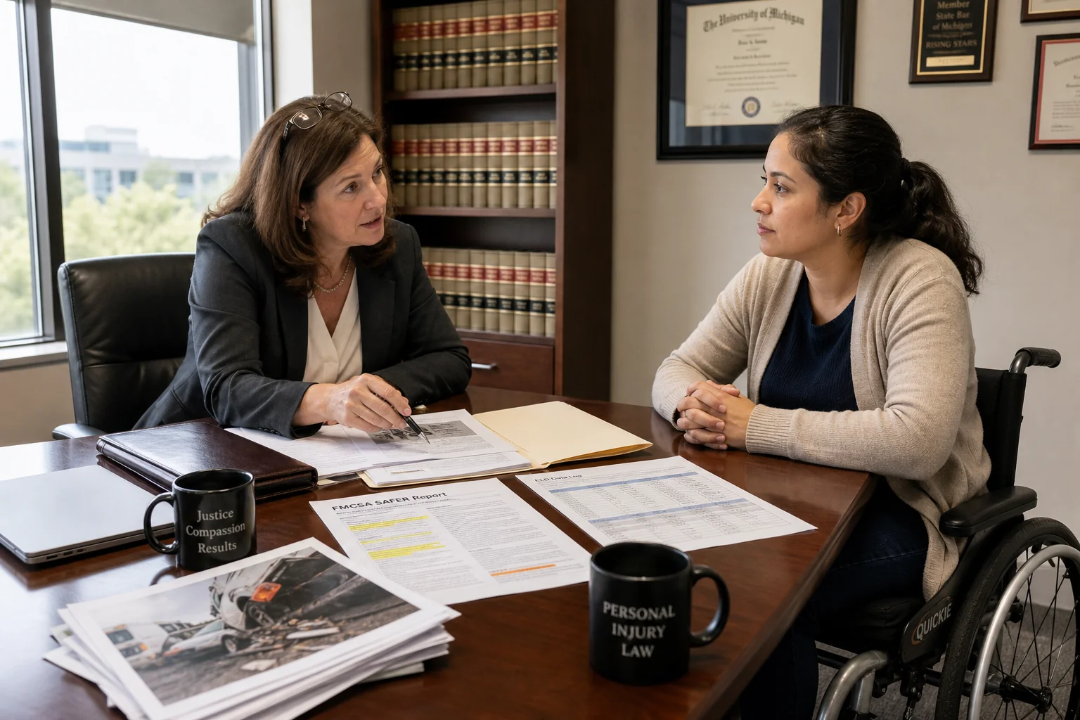 Personal injury attorney consulting with truck accident amputee client in a law office reviewing ELD data and accident scene photographs