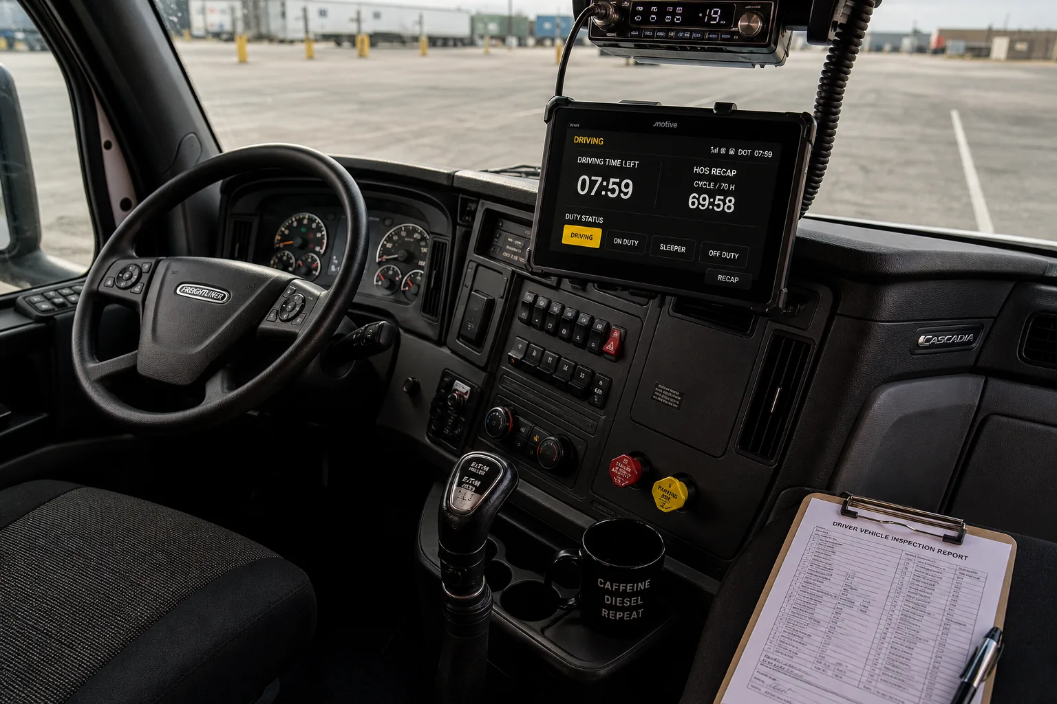 Commercial truck cab dashboard with mounted Electronic Logging Device displaying Hours of Service status