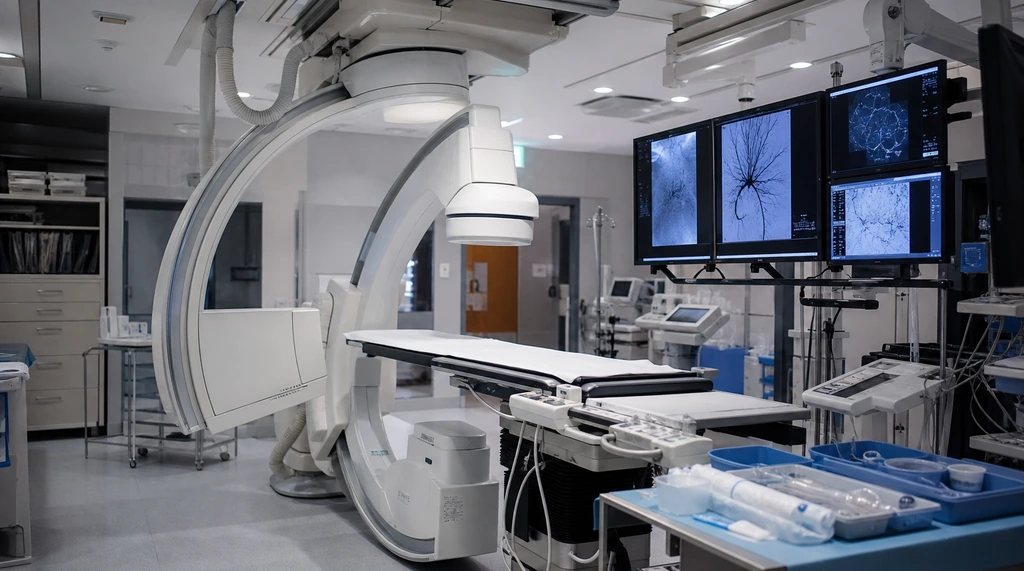 Empty vascular catheterization lab with a C-arm fluoroscopy machine and angiography monitors