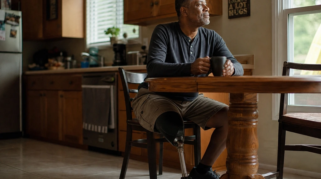 Military veteran with a below-knee prosthetic leg sitting calmly at his kitchen table with a cup of coffee