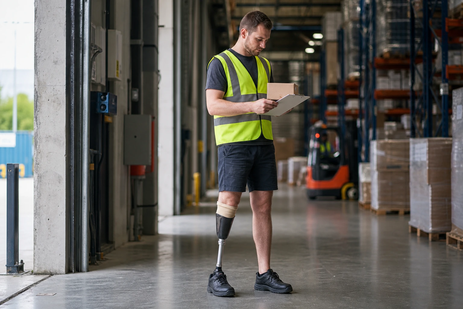 Warehouse worker with a below-knee prosthetic leg at a Los Angeles logistics facility