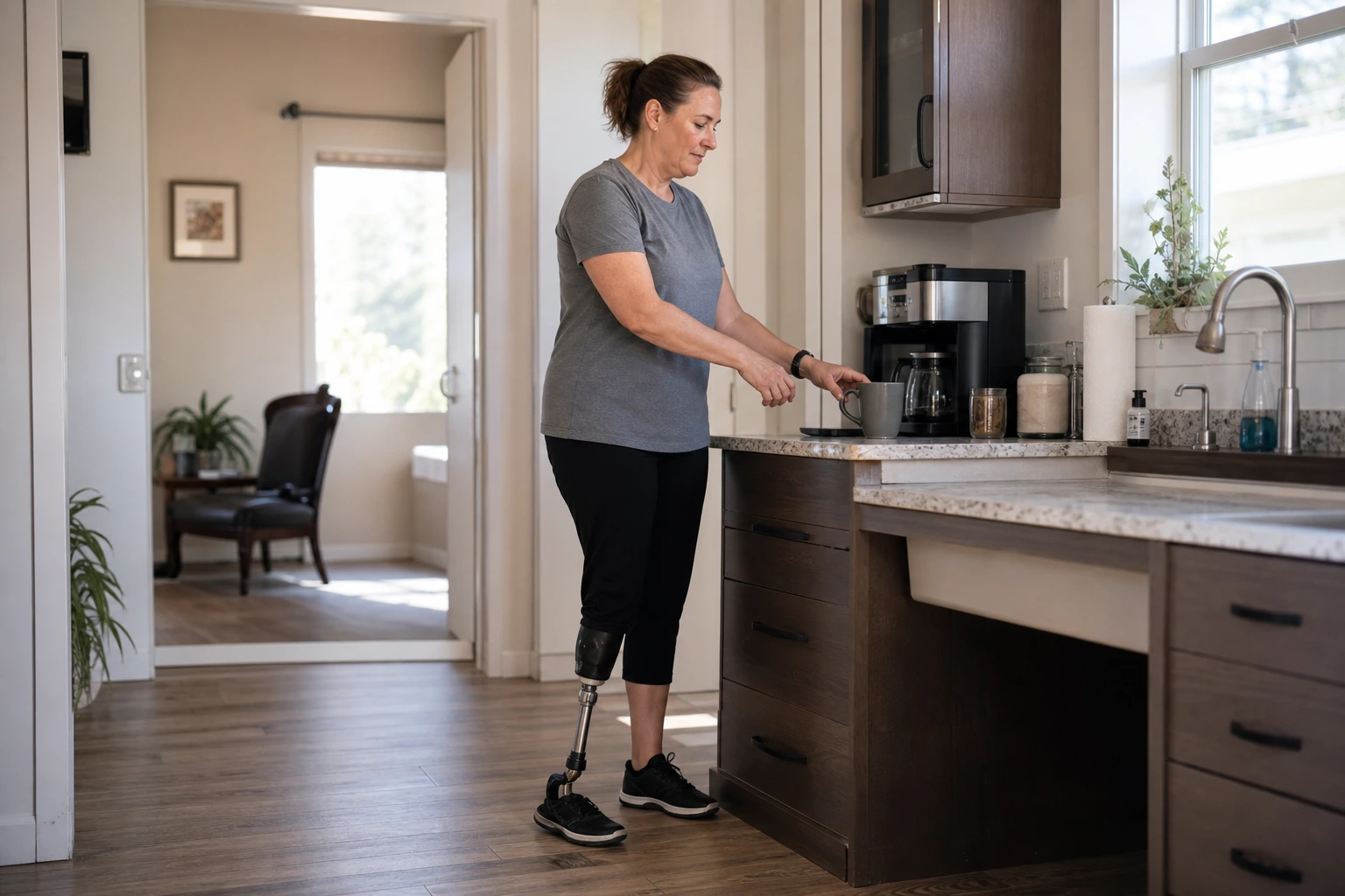 Veteran amputee with a prosthetic leg at home in an accessible kitchen with a roll-under counter and wide doorway