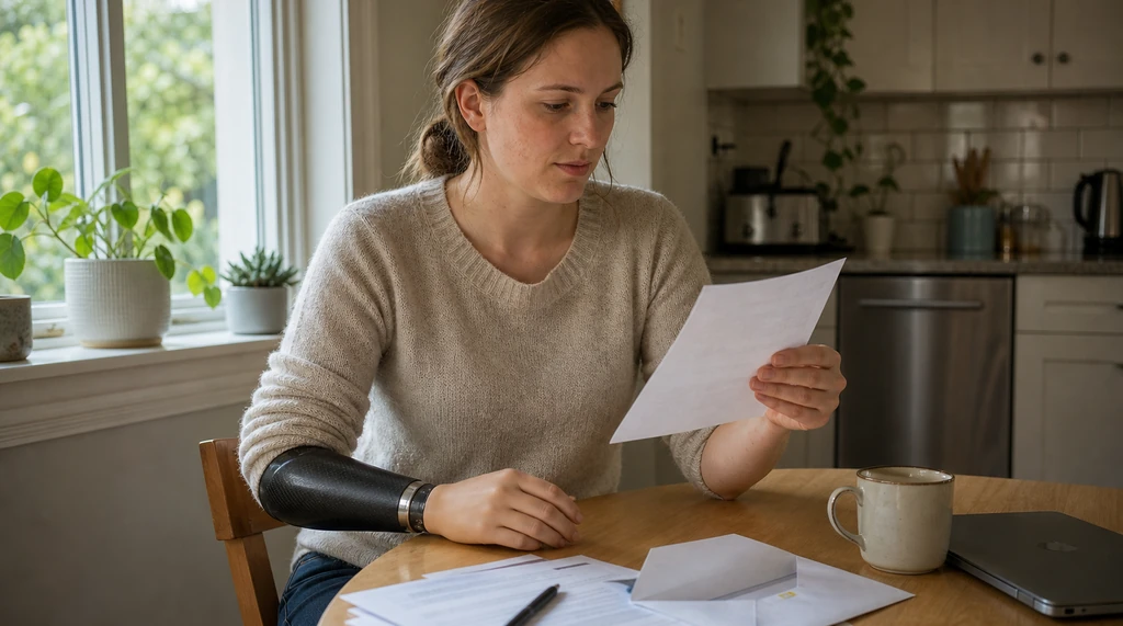 Woman in her early thirties with a below-elbow arm prosthesis reading an injury claim letter at her kitchen table